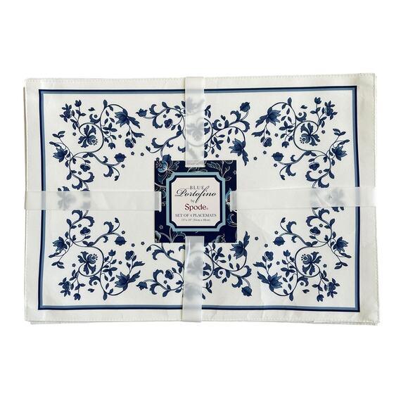 Blue Portofino by Spode Set of 4 Placemats 13x19 Blue & White Spring Floral NEW - Picture 1 of 14